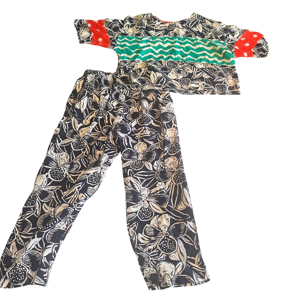 Ken Done Art To Wear Vintage 2 Piece Set Floral Chevron Rayon Pants Top Small - Picture 1 of 16